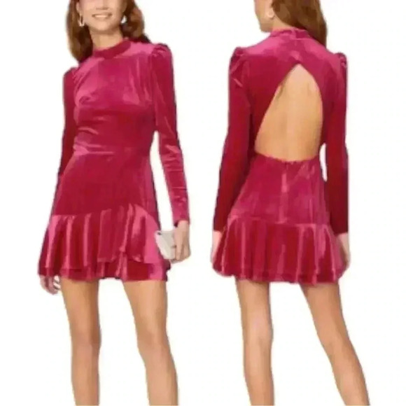 Yumi Kim Shannon Pink Fuschia Velvet Long Sleeve Mini Dress Size Medium - Picture 1 of 12